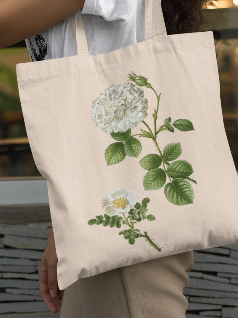 White Rose Of York Vintage Floral Print Graphic Canvas Tote Bag